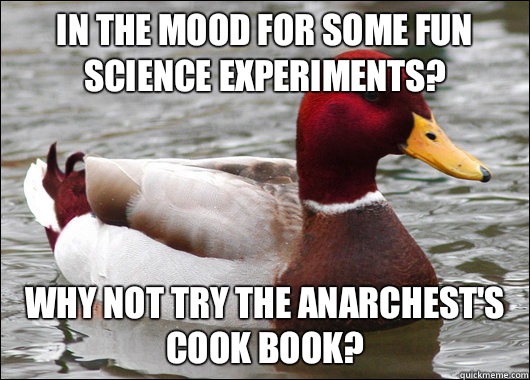 In the mood for some fun science experiments? Why not try The Anarchest's Cook Book?  Malicious Advice Mallard