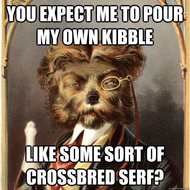 You expect me to pour my own kibble like some sort of crossbred serf? - You expect me to pour my own kibble like some sort of crossbred serf?  Duke of Barkington