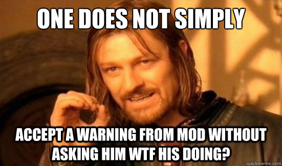 One Does Not Simply Accept a warning from mod without asking him wtf his doing?  Boromir
