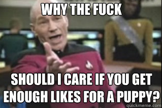 WHY THE FUCK



SHOULD I CARE IF YOU GET ENOUGH LIKES FOR A PUPPY?   star trek