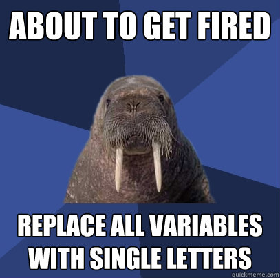 about to get fired replace all variables with single letters  Web Developer Walrus