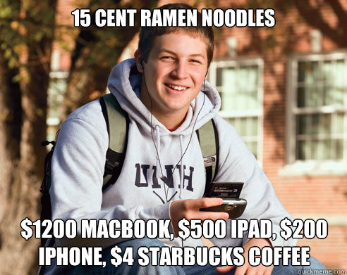 15 cent Ramen Noodles $1200 Macbook, $500 iPad, $200 iphone, $4 Starbucks coffee  College Freshman
