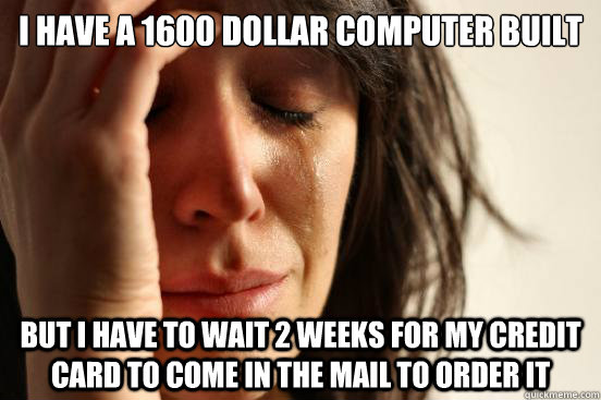 I have a 1600 dollar computer built But I have to wait 2 weeks for my credit card to come in the mail to order it  First World Problems