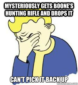 Mysteriously gets boone's hunting rifle and drops it can't pick it back up  fallout world problems