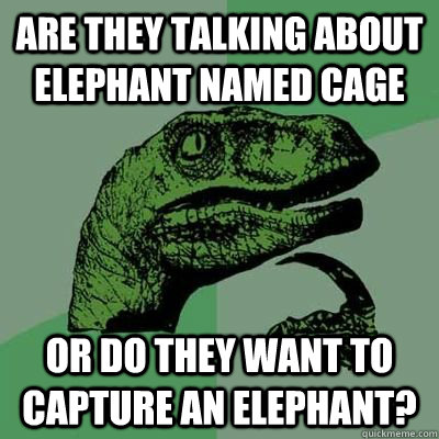 Are they talking about elephant named cage or do they want to capture an elephant? - Are they talking about elephant named cage or do they want to capture an elephant?  Philosoraptor - Casey