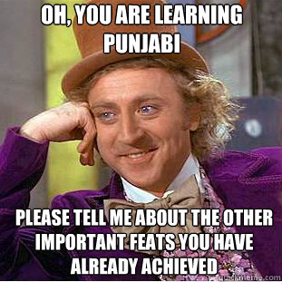 Oh, you are learning punjabi  please tell me about the other important feats you have already achieved - Oh, you are learning punjabi  please tell me about the other important feats you have already achieved  Willy Wonka Meme