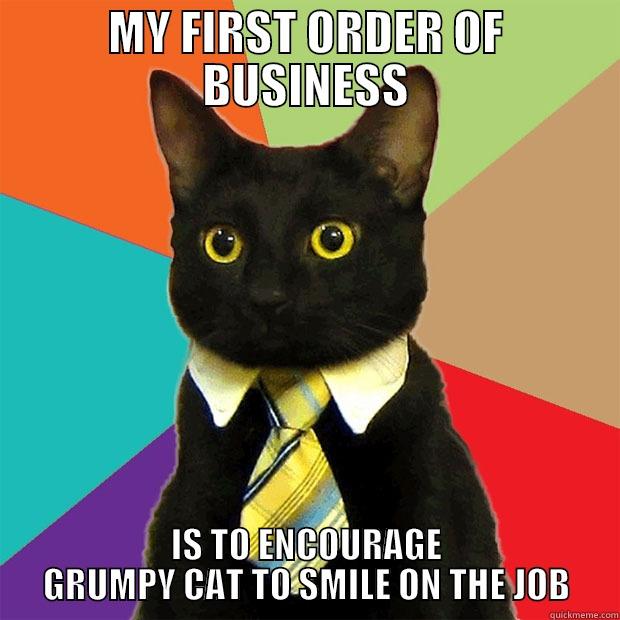 ON THE JOB SKILLS - MY FIRST ORDER OF BUSINESS IS TO ENCOURAGE GRUMPY CAT TO SMILE ON THE JOB Business Cat