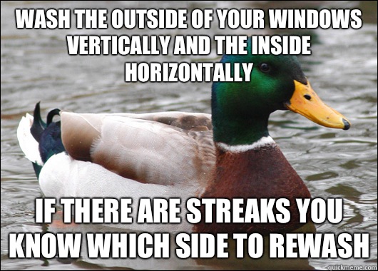 Wash the outside of your windows vertically and the inside horizontally  If there are streaks you know which side to rewash   Actual Advice Mallard