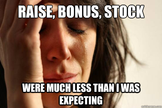 raise, bonus, stock options were much less than I was expecting  First World Problems
