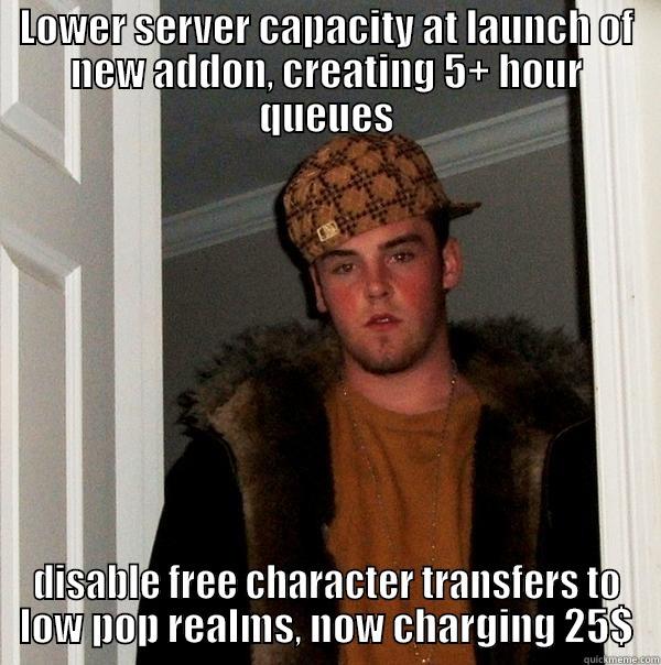 LOWER SERVER CAPACITY AT LAUNCH OF NEW ADDON, CREATING 5+ HOUR QUEUES DISABLE FREE CHARACTER TRANSFERS TO LOW POP REALMS, NOW CHARGING 25$ Scumbag Steve