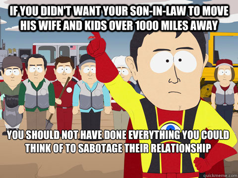 If you didn't want your son-in-law to move his wife and kids over 1000 miles away You should not have done everything you could think of to sabotage their relationship  Captain Hindsight