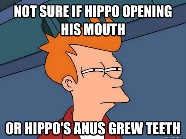 Not sure if Hippo opening his mouth Or hippo's anus grew teeth  Futurama Fry