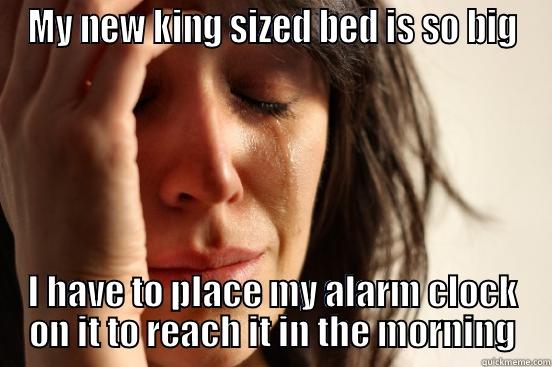 MY NEW KING SIZED BED IS SO BIG I HAVE TO PLACE MY ALARM CLOCK ON IT TO REACH IT IN THE MORNING First World Problems