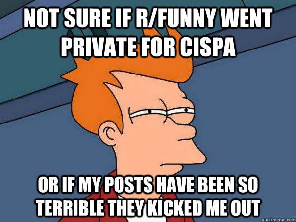 Not sure if r/funny went private for cispa or if my posts have been so terrible they kicked me out  Futurama Fry