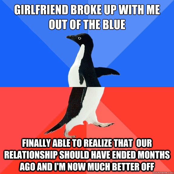 Girlfriend broke up with me out of the blue finally able to realize that  our relationship should have ended months ago and I'm now much better off  Socially Awkward Awesome Penguin