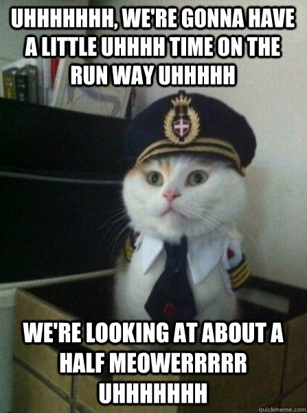 Uhhhhhhh, we're gonna have a little uhhhh time on the run way uhhhhh we're looking at about a half meowerrrrr uhhhhhhh  Captain kitteh