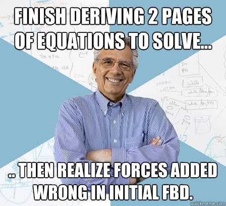 finish deriving 2 pages of equations to solve... .. then realize forces added wrong in initial FBD.  EngineeringProfessor
