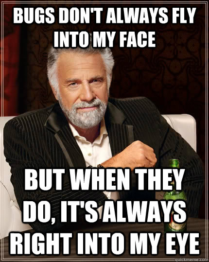 Bugs don't always fly into my face but when they do, it's always right into my eye  The Most Interesting Man In The World