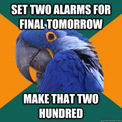 Set two alarms for final tomorrow Make that two hundred  Paranoid Parrot