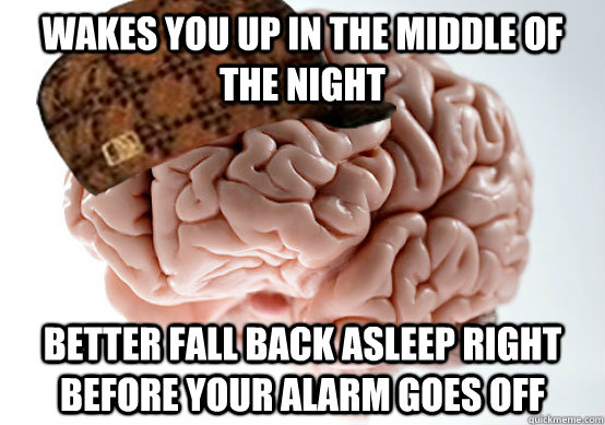 Wakes you up in the middle of the night Better fall back asleep right before your alarm goes off - Wakes you up in the middle of the night Better fall back asleep right before your alarm goes off  Scumbag brain..