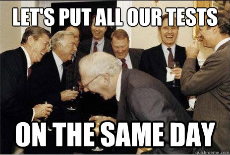 LET'S PUT ALL OUR TESTS ON THE SAME DAY  Laughing professors