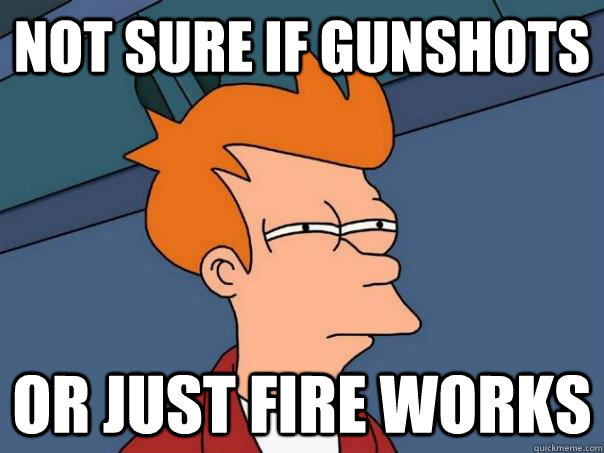 Not sure if gunshots Or just fire works  Futurama Fry