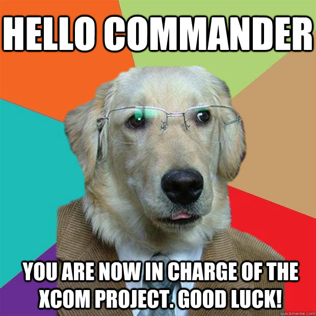 Hello commander you are now in charge of the XCOM project. good luck!  Business Dog
