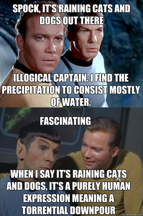 Spock, it's raining cats and dogs out there Illogical Captain. I find the precipitation to consist mostly of water. Fascinating When I say it's raining cats and dogs, it's a purely human expression meaning a torrential downpour - Spock, it's raining cats and dogs out there Illogical Captain. I find the precipitation to consist mostly of water. Fascinating When I say it's raining cats and dogs, it's a purely human expression meaning a torrential downpour  Kirk and Spock