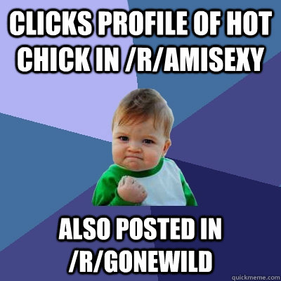 clicks profile of hot chick in /r/amisexy Also posted in /r/gonewild  Success Kid