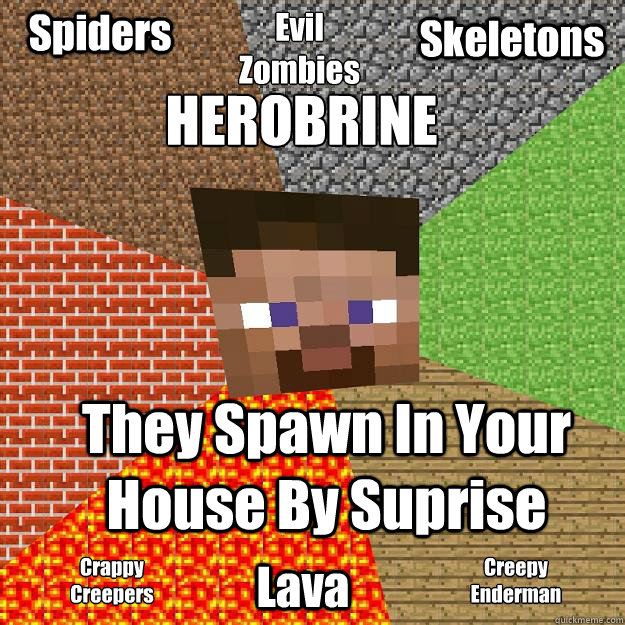 
HEROBRINE They Spawn In Your House By Suprise Spiders Skeletons Crappy
Creepers Creepy
Enderman 
Evil 
Zombies Lava  Minecraft