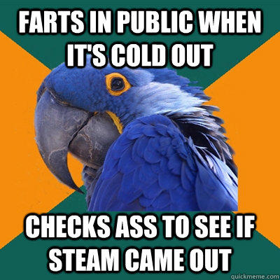 farts in public when it's cold out checks ass to see if steam came out  Paranoid Parrot