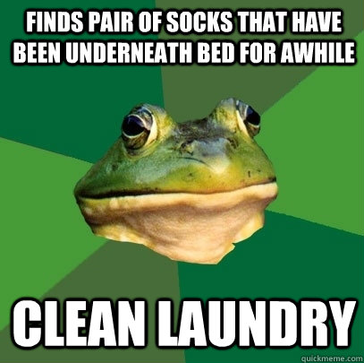 Finds pair of socks that have been underneath bed for awhile Clean Laundry  Foul Bachelor Frog