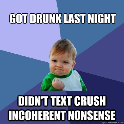 Got drunk last night Didn't text crush incoherent nonsense  Success Kid