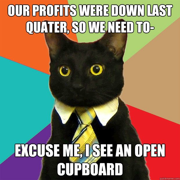 Our profits were down last quater, so we need to- Excuse me, I see an open cupboard  Business Cat