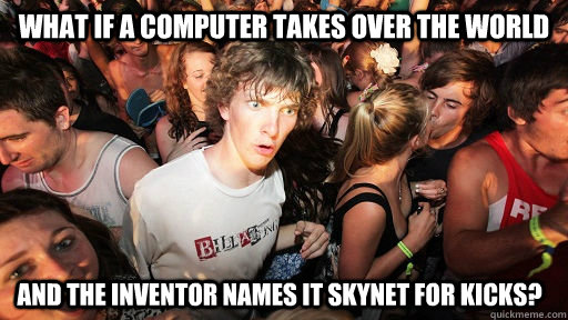 What if a computer takes over the world and the inventor names it skynet for kicks?  Sudden Clarity Clarence