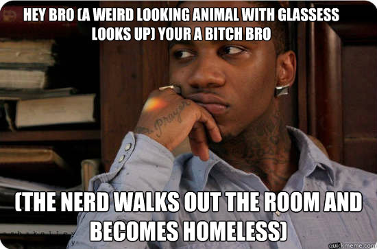 hey bro (a weird looking animal with glassess looks up) your a bitch bro (the nerd walks out the room and becomes homeless)   