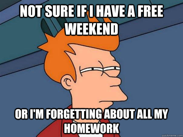 Not sure if I have a free weekend or I'm forgetting about all my homework   Futurama Fry