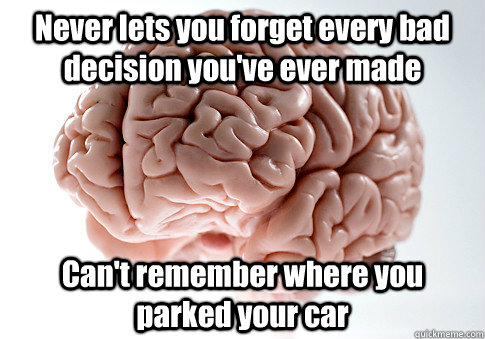 Never lets you forget every bad decision you've ever made Can't remember where you parked your car  Scumbag Brain