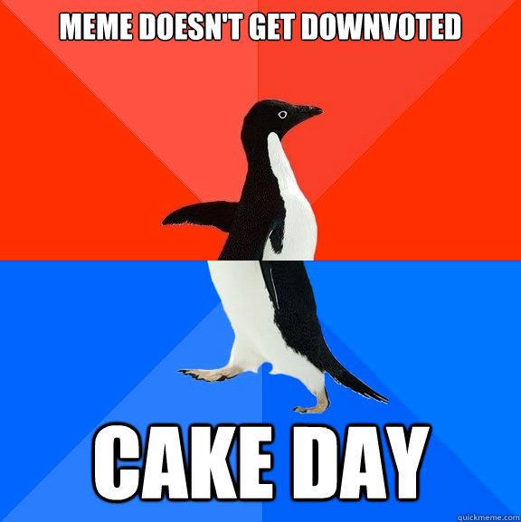 Meme doesn't get downvoted Cake day  Socially Awesome Awkward Penguin