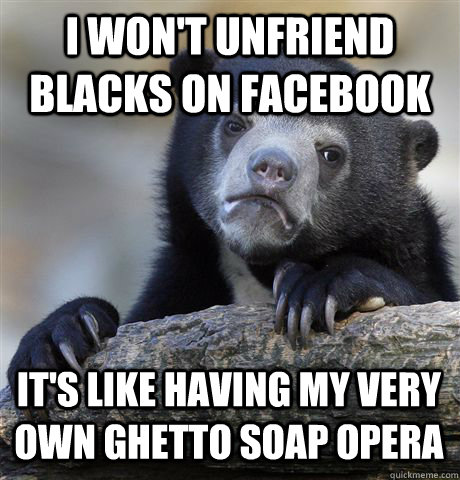 I won't unfriend blacks on facebook It's like having my very own ghetto soap opera  Confession Bear