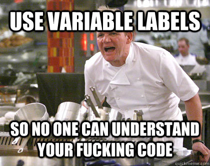 use variable labels so no one can understand your fucking code - use variable labels so no one can understand your fucking code  Ramsay Gordon Yelling