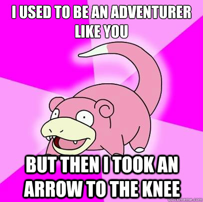 I used to be an adventurer like you But then i took an arrow to the knee  Slowpoke