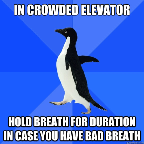 in crowded elevator hold breath for duration in case you have bad breath  Socially Awkward Penguin