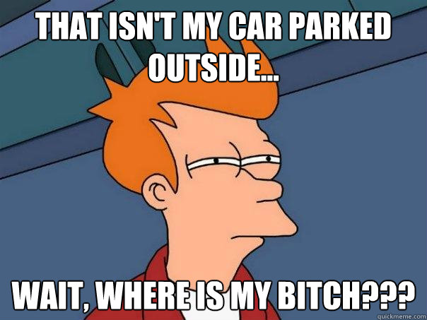 That isn't my car parked outside... wait, where is my bitch???  Futurama Fry