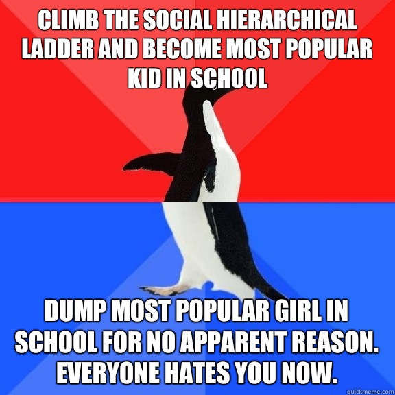 climb the social hierarchical ladder and become most popular kid in school Dump most popular girl in school for no apparent reason. Everyone hates you now.  Socially Awksome Penguin