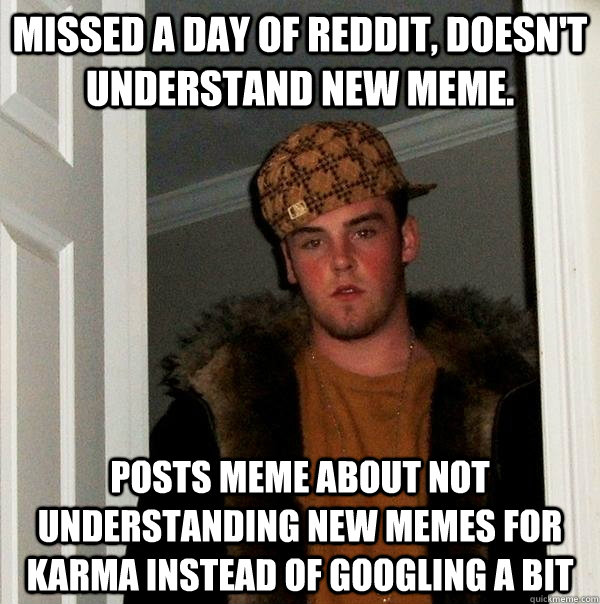 Missed a day of reddit, doesn't understand new meme. Posts meme about not understanding new memes for karma instead of googling a bit   Scumbag Steve