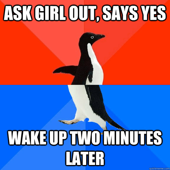 Ask girl out, says yes Wake up two minutes later  Socially Awesome Awkward Penguin