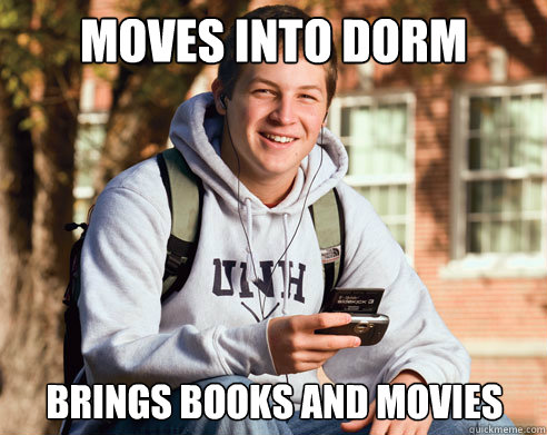 moves into dorm brings books and movies  College Freshman