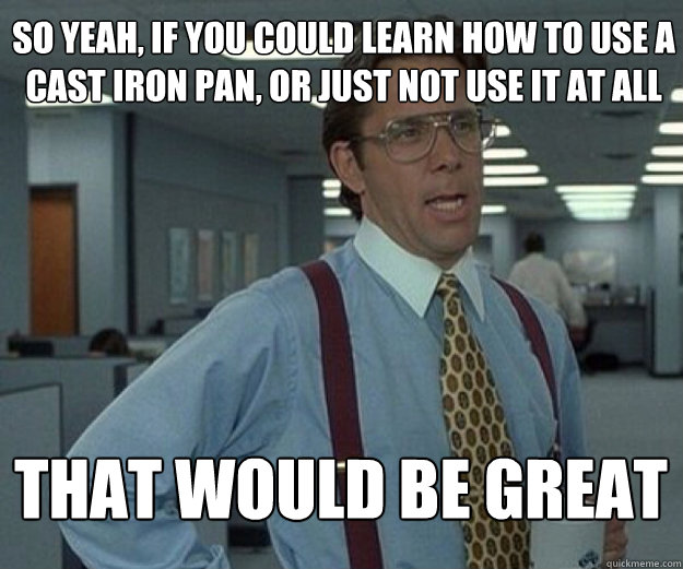 So Yeah, if you could learn how to use a cast iron pan, or just not use it at all THAT WOULD BE GREAT - So Yeah, if you could learn how to use a cast iron pan, or just not use it at all THAT WOULD BE GREAT  that would be great