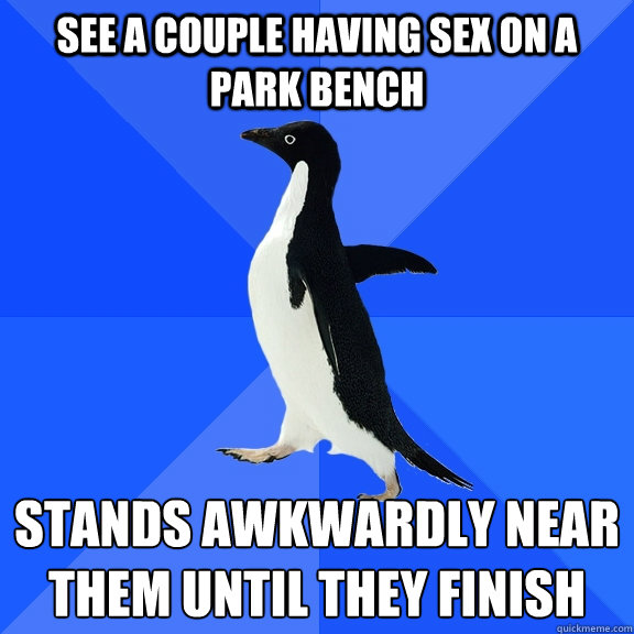 see a couple having sex on a park bench stands awkwardly near them until they finish  Socially Awkward Penguin